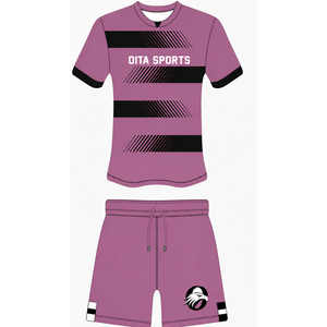 ชุดเสื้อและกางเกงขาสั้นรักบี้สีดำ Dusty Rose แขนสั้น คอกลม ลายทาง ชุดทีมแบบกำหนดเอง ระบายอากาศได้ดี เหมาะสำหรับการฝึกซ้อม - Product Image 1