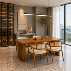 Ensemble de salle à manger contemporain et moderne en teck massif, fait main, avec chaises Aura cannelées et coussins en rotin, mobilier de salle à manger durable - Product Image 5