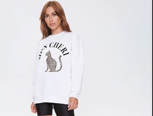 Sweat-shirt blanc à col rond pour femme avec imprimé léopard et texte Mon Cheri, coupe classique, décontracté, pour l'automne - Product Image 1