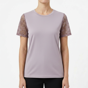 Camiseta de Mujer de Primera Calidad, con Detalle de Encaje, Tejida, Transpirable, de Color Sólido, Cuello Redondo, Manga Corta, Informal, para Primavera y Verano - Product Image 1