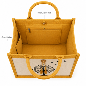 Yellow Laminated Jute Canvas Tote <b>Bag</b> <b>Tree</b> Print Button Closure Eco-Friendly Reusable Shopping Handbag for Exhibition Wedding - Product Image 4