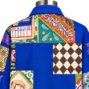 Chaqueta de Trabajo Azul Rey con Mosaico, Estampado Floral Colorido, Cierre de Botones, Estilo Casual Urbano, con Bolsillos Grandes - Product Image 4