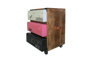 Industrial Wooden Nightstand with 3 Vintage <b>Suitcase</b> Drawers in Beige Pink Black <b>Storage</b> Cabinet for Bedroom Furniture - Product Image 5