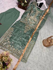 Elegant Mint Sage Evening Party Wear Choo Silk Embroidered Kurta <b>Trouser</b> Set - Product Image 1