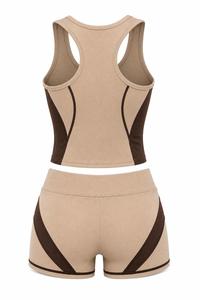 Conjunto de yoga de 2 piezas para mujer, talla grande, top corto sin mangas con cuello redondo y espalda cruzada, shorts de cintura alta con ribete en contraste, sin costuras, de spandex. - Product Image 6