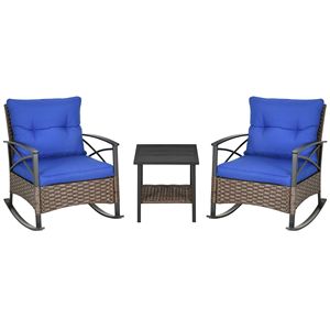 Set di Mobili da Esterno Impermeabile in 3 Pezzi: 2 Sedie a Dondolo con Cuscini e Tavolino a 2 Livelli in Vimini - Product Image 1