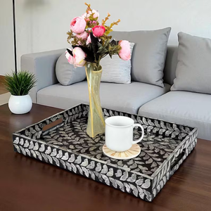 Handmade <b>Rectangle</b> Black Mother of Pearl Inlay Serving Tray - Leaf Pattern Server - Decorative Centerpiece for <b>Coffee</b> <b>Table</b> - Product Image 3