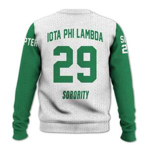 Veste universitaire personnalisée Iota Phi Lambda en blanc mélangé vert émeraude, pull tricoté de la sororité Iota Phi Lambda - Product Image 6