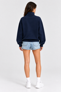 <b>Women's</b> <b>Navy</b> Blue Quarter-Zip Pullover Sweatshirt – High Neck Casual Oversized <b>Fleece</b> Top Stand Collar <b>Fleece</b> Pullover Top - Product Image 2