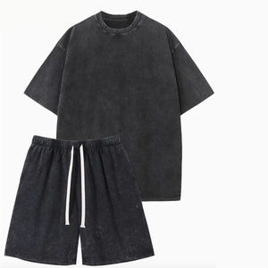 เซ็ตเสื้อยืดผู้ชายโอเวอร์ไซส์ผ้าซักสำหรับผู้ชายชุดเสื้อผ้าลำลองแนวสตรีทวินเทจผ้าคอตตอนคอกลม - Product Image 1