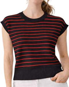 เสื้อกั๊กไหมพรมแขนกุดลายทางสีดำแดงสำหรับผู้หญิง คอกลม น้ำหนักเบา สวมใส่สบายๆ แฟชั่นฤดูร้อนสำหรับผู้หญิง - Product Image 1