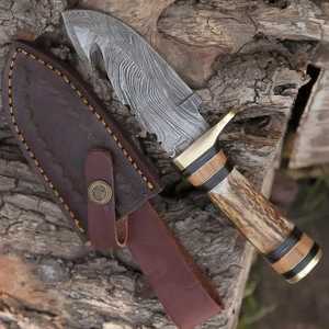 Drop Point Knife Damascus Steel Blade Wood Handle Hunting Knife 0.7mm Thickness Bevel Edge - Product Image 1