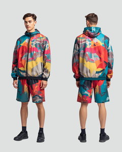 Conjunto Corto de Chaqueta Cortavientos con Capucha y Estampado Geométrico para Hombre, Ligero, de Secado Rápido, Estilo Urbano, con Cremallera Completa en la Manga - Product Image 1