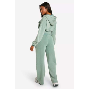 Women Mint Green Hooded Crop Top & Cargo Jogger Pants <b>Tracksuit</b> Set Full Sleeve Solid Color Casual Autumn Wear Breathable Cotton - Product Image 5