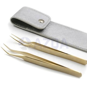 Vente en gros de pinces à cils en acier inoxydable, 2 pièces, plaquées or, avec étui en cuir PU, outil professionnel pour les cils - Product Image 5