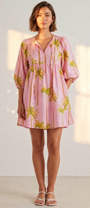 Robe d'été pour femme, style bohème, en coton rose écologique, imprimé palmiers, manches 3/4, ourlet évasé, style babydoll - Product Image 5