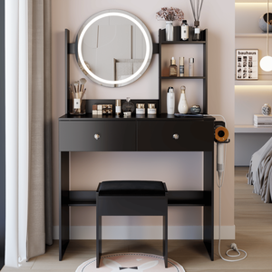 Tavolo da Trucco con Specchio LED da 17 Pollici, Sgabello Imbottito, 2 Prese AC+2 USB, Grande Specchio con Interruttore Touch, 3 Colori, Vanity per il Trucco - Product Image 1