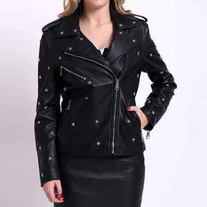 Veste en cuir PU pour femme aux couleurs uniques avec rivets étoiles, manches longues, col rabattu, fermeture éclair, style automne - Product Image 4