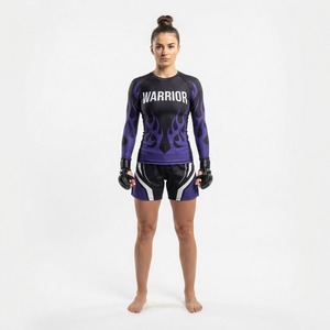 Ensemble Rash Guard et Short de Combat MMA pour Femme, Imprimé par Sublimation, Ajusté, Anti-Transpiration, Motif Guerrier Violet et Noir - Product Image 1