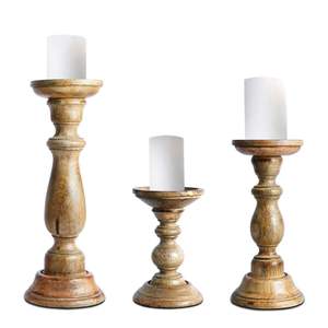 Handcrafted Mango Wood Candle Pillar Rustic Farmhouse Wooden Candle Stand for Wedding Table Decor 3-Piece <b>Set</b> Candle Stand - Product Image 3