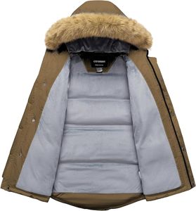 Veste matelassée à capuche kaki pour homme, avec garniture en fourrure, manteau d'hiver zippé, parka coupe-vent - Product Image 5