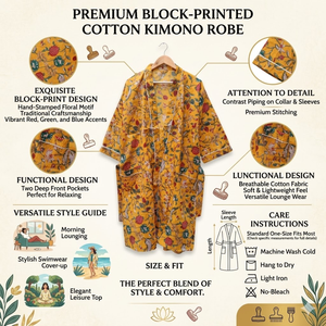 Bata kimono de algodón con estampado floral amarillo mostaza para mujer, de manga larga, para estar en casa, con cinturón y bolsillos frontales - Product Image 6
