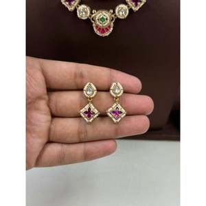 Indian Ethnic Pooja Heritage Gold Plated Zircon Bridal Necklace & Earring Set - Product Image 4