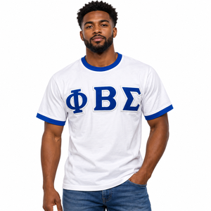 Phi Beta Sigma Ringer T <b>Shirt</b> <b>White</b> Royal Blue Trim <b>Short</b> <b>Sleeve</b> Crew Neck Greek Letter Graphic Tee Casual Collegiate Fraternity - Product Image 1