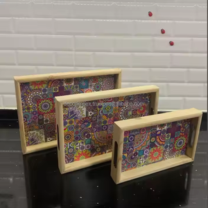 W90 Plateau de service moderne en bois rectangulaire 3 pièces avec fond en pin imprimé UV personnalisé - Product Image 3