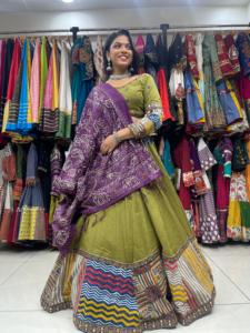 <b>Women</b> Green Cotton <b>Lehenga</b> Choli Set With Purple Dupatta Embroidered Traditional Indian Pakistani Wedding Wear Floor Length Loos - Product Image 1