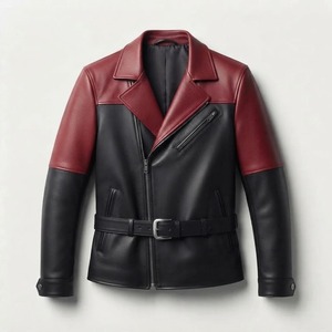 Chaqueta de Cuero para Hombre, Estilo Motero, Color Rojo y Negro, Cuello Camisero, Cierre de Cremallera, Cinturón, Corte Ajustado - Product Image 1