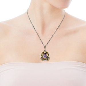 Collar de Plata de Ley 925 con Baño de Oro y Rodio Negro, Diseño con Dije de Amatista y Granate, Joyería Fina para Mujer - Product Image 5