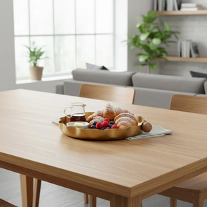 Plateau de service rond en métal noir au design moderne avec bord festonné et poignée en bois, plateau décoratif pour la cuisine et la décoration intérieure - Product Image 2