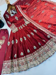Traje Anarkali Rojo Bordado para Mujer, Vestido de Boda Tradicional Indio Pakistaní, Largo hasta el Suelo, Corte Holgado, Seda Elástica - Product Image 5