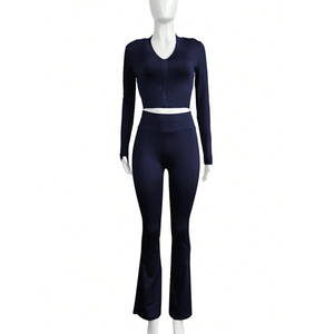 <b>Women's</b> Navy Blue Long Sleeve V-Neck Crop Top High Waist Skinny Leggings Set Tummy Control Shapewear <b>Sexy</b> Clubwear By Twin City - Product Image 3