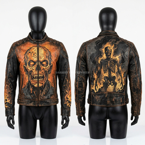 Fire Skeleton Flame Print <b>Racing</b> Leather <b>Jacket</b> Mens Distressed Black Orange Motorbike Biker Protective Coat Graphic Fashion - Product Image 1