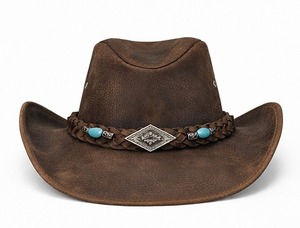 Chapeau de cowboy en cuir marron orné de perles turquoise, style western, avec bande tressée, large bord, accessoire de mode ranch - Product Image 5