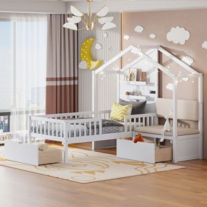Letto singolo bianco per bambini con divano imbottito, stazione di ricarica wireless, ripiani e due cassetti - Design a casetta - Product Image 1