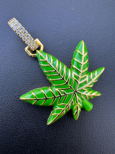 <b>Solid</b> Real <b>Gold</b> Plated Green Leaf <b>Pendant</b> With Rhinestone Inlay Hiphop Style Charm Unisex Fashion Jewelry - Product Image 1
