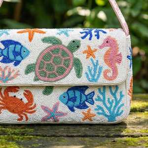 Under the Sea Beaded Handbag - White, Blue, Green, Orange and <b>Pink</b> Marine Life Sea Turtle & Seahorse <b>Purse</b> - Product Image 3