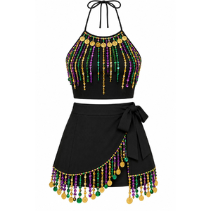 Ensemble élégant 2 pièces respirant pour femme : Crop top noir à licol et jupe portefeuille avec franges de perles dorées - Product Image 1