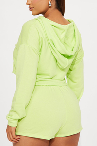 Ensemble de survêtement décontracté d'été pour femme, vert lime, avec short et sweat à capuche court zippé - Product Image 3