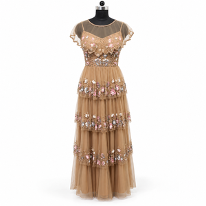 Robe à volants ornée de fleurs |   Robe de soirée longue à col rond et manches courtes, coupe trapèze, avec superposition transparente, pour mariage ou soirée - Product Image 1