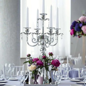 Candélabre élégant en argent à 5 bras avec accents en cristal, centre de table de mariage, décoration d'intérieur, support en métal durable au meilleur prix - Product Image 2