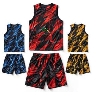 NEXTEX Ensemble uniforme de basket-ball pour hommes, maillot sans manches et short en maille respirante avec imprimé éclairs rouges - Product Image 5