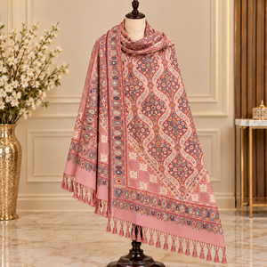 Châle en laine pashmina rose avec bordure traditionnelle Paisley, motif feuille élégant, antibactérien, pour un usage quotidien luxueux en hiver - Product Image 1