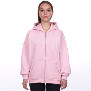Sweat à capuche zippé surdimensionné personnalisé pour femme en molleton de coton uni, finition délavée, ornements en strass, manches longues - Product Image 1