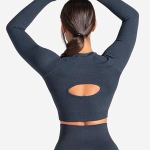 High Quality Fitness Women Soft Crew Neck Long Sleeve Crop Top Shirt Sportswear Slim Fit Compression Sexy Gym Crop Top - Product Image 4