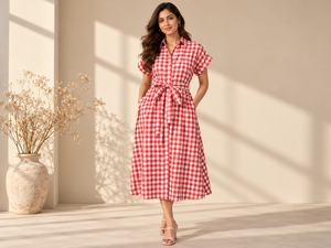 Vestido midi a cuadros para mujer, vestido camisero de manga corta, estilo vintage, corte evasé, ropa de verano, estilo bohemio, con colores y estampados personalizados. - Product Image 1