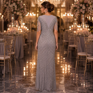 Luxury Women Modern Silver Beaded Mermaid Silhouette Evening Gown | Elegant Illusion Neck Fringe Maxi Dress Premium Designer - Product Image 4